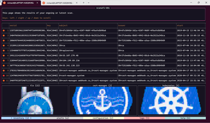 Screenshot of TLS Certificate Inventory page