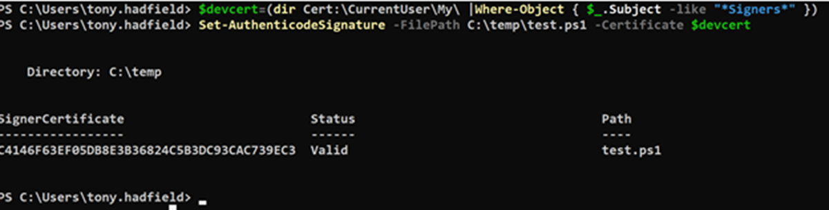 Set-AuthenticodeSignature returning a Valid status
