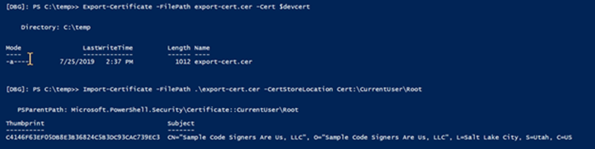 Results of exporting and importing the certificate