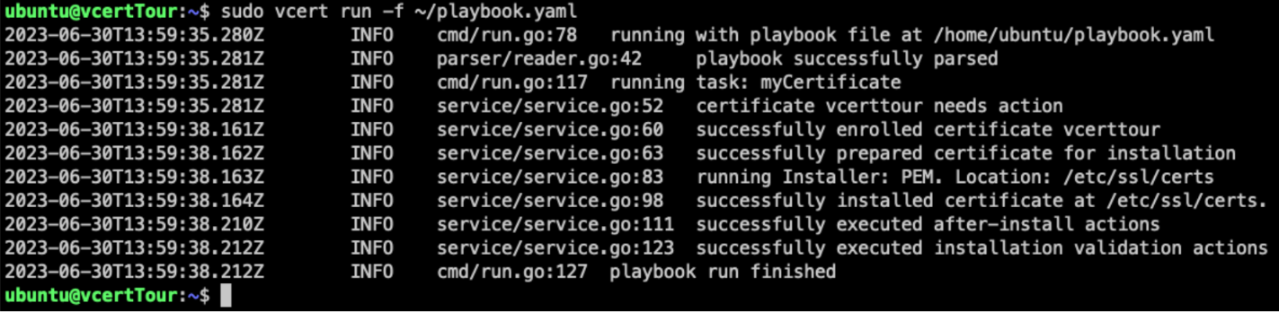 vCert playbook first run: certificate enrolled and installed