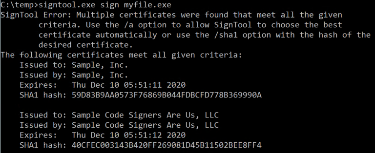 SignTool reporting multiple matching certificates